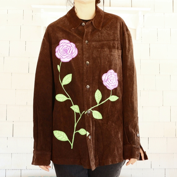 Handmade Jackets & Blazers - Hand Painted Brown Suede Jacket Flowers XL • 2XL